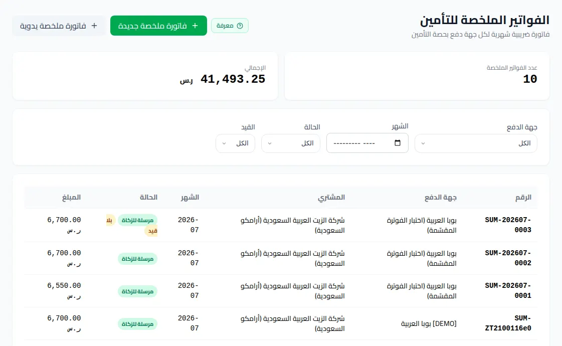 الفواتير الملخصة الشهرية لشركات التأمين مثل بوبا